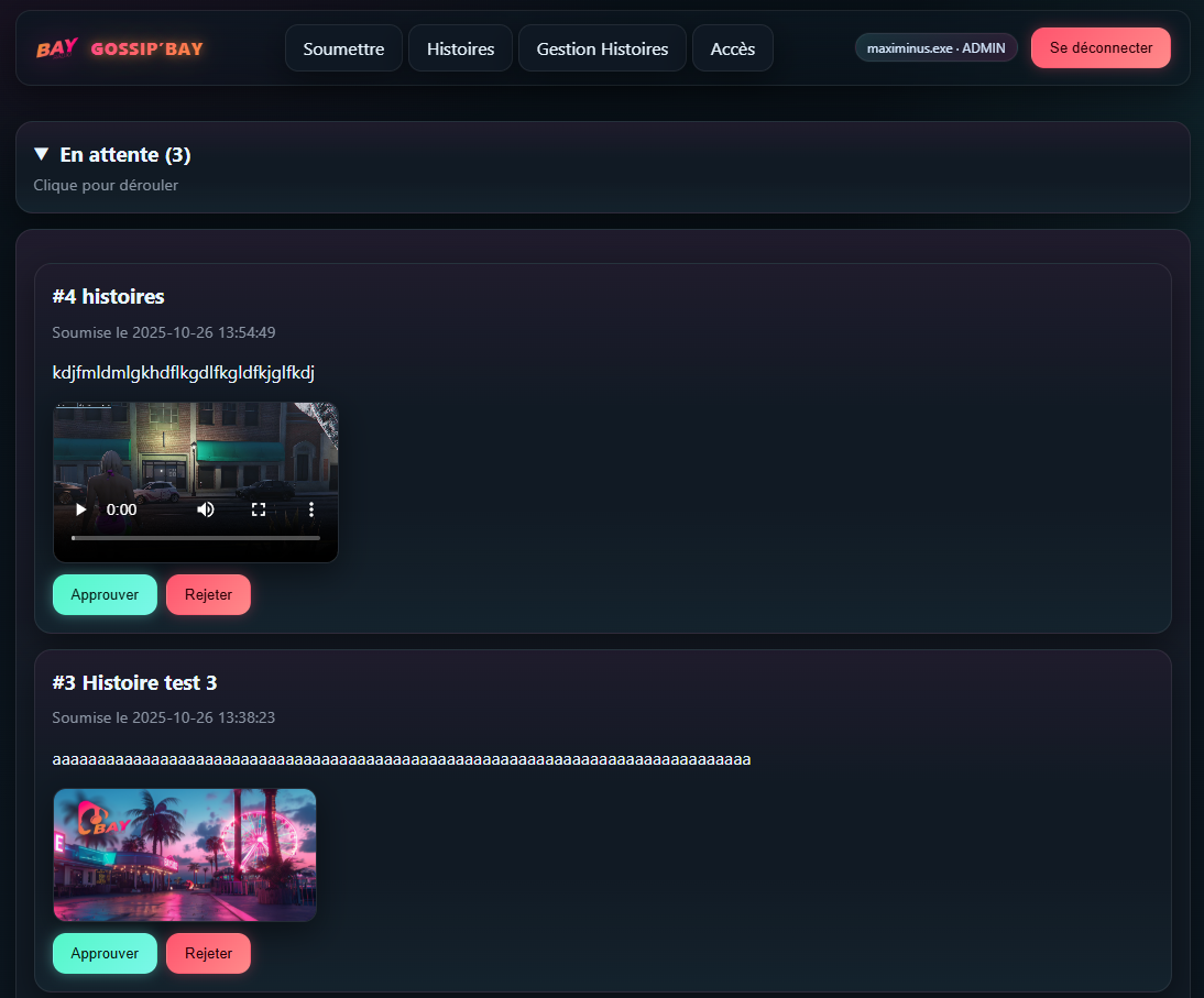 Site Gossip'Bay — Gestion des histoires