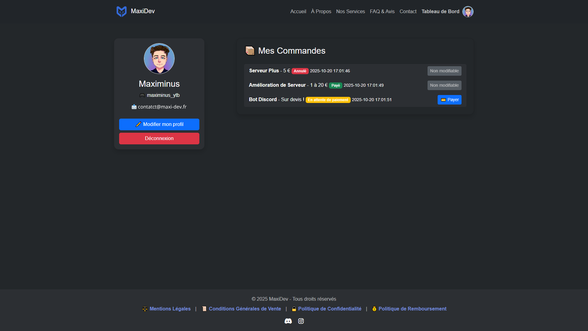 MaxiDev — Suivi de commande (espace client)