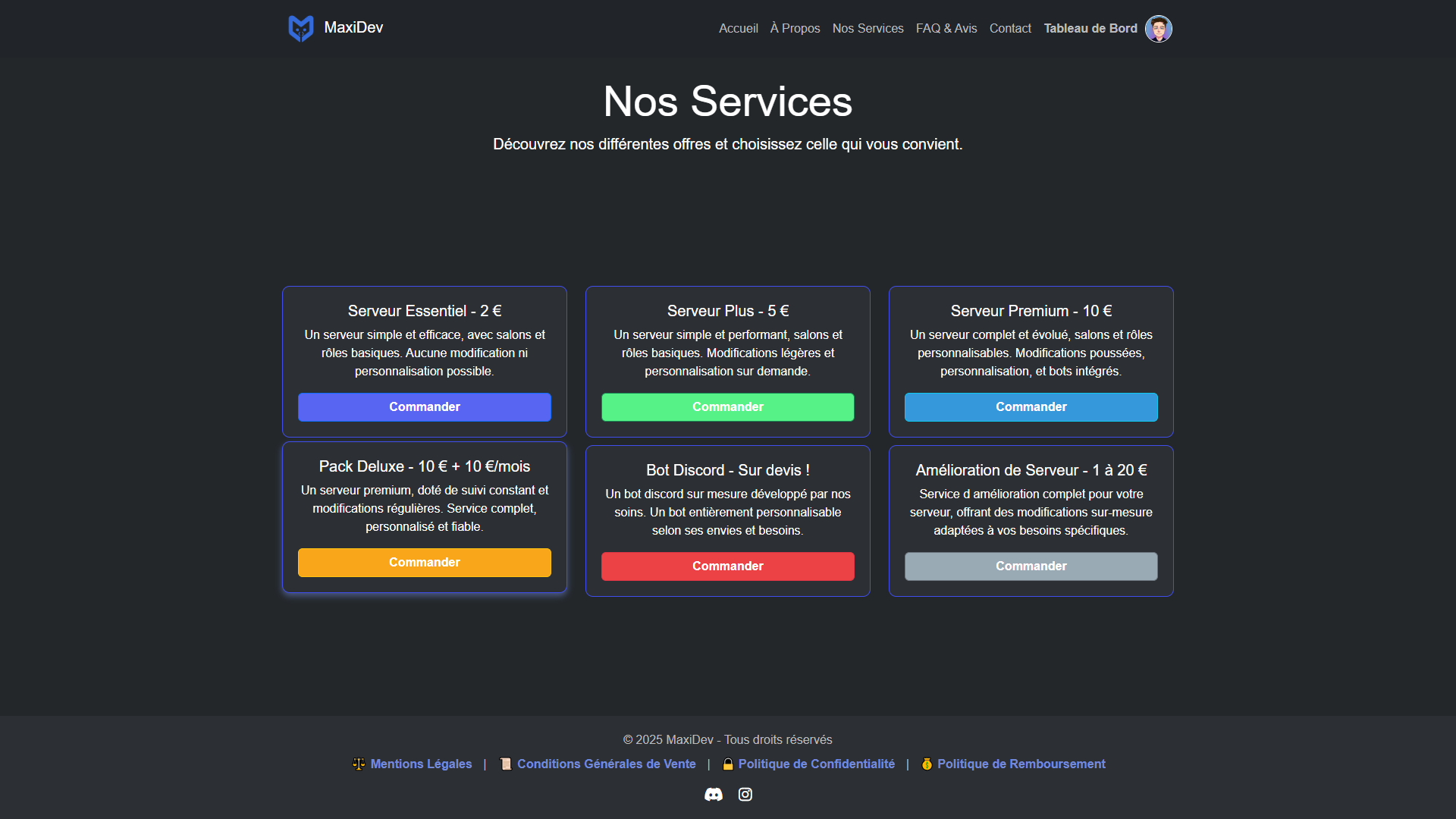 MaxiDev — Page Services (grille d'offres)