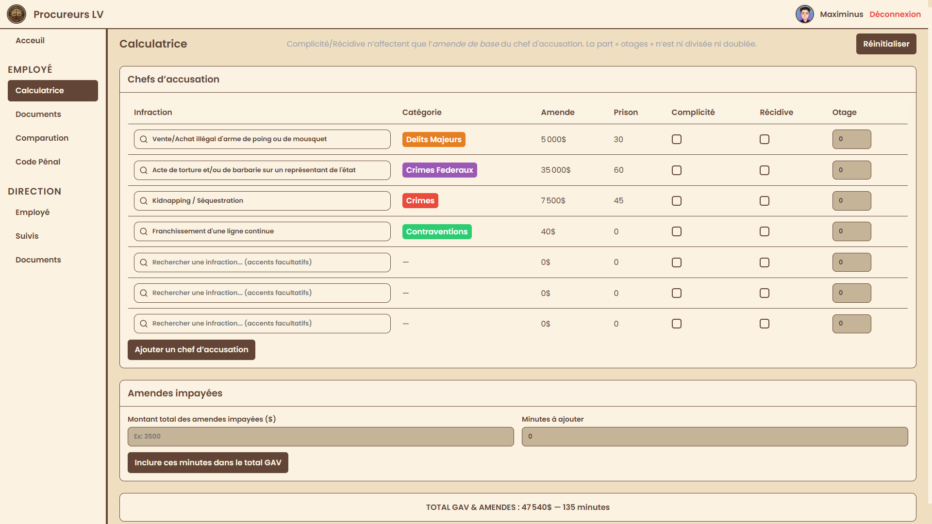 Procureurs LV — Calculatrice pénale